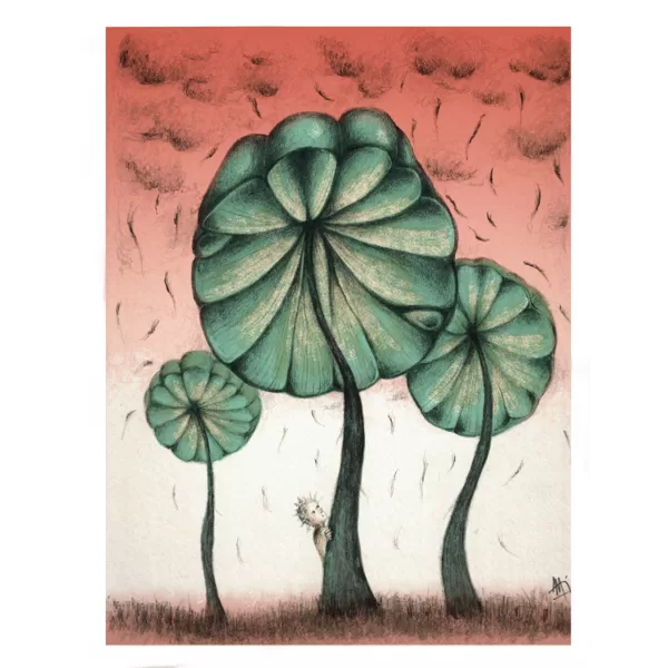 Un escudo protector se abre ante una lluvia de cenizas.  Grafito. 