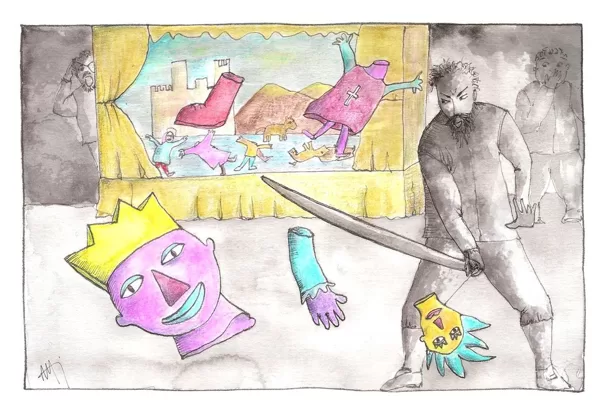 II-Cap.26. Don Quixote charges at the puppets thinking they are real people. 