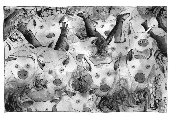 II-Cap.68. "The wide-spread grunting drove came on in a surging mass..."