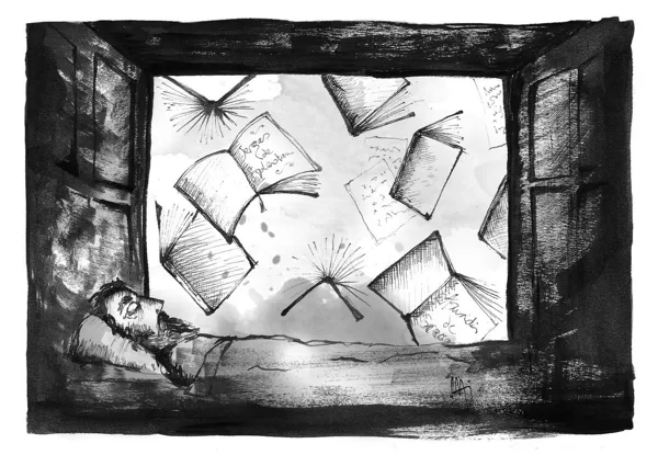 I-Cap.6. Don Quixote recovers in bed while his library is burnt.